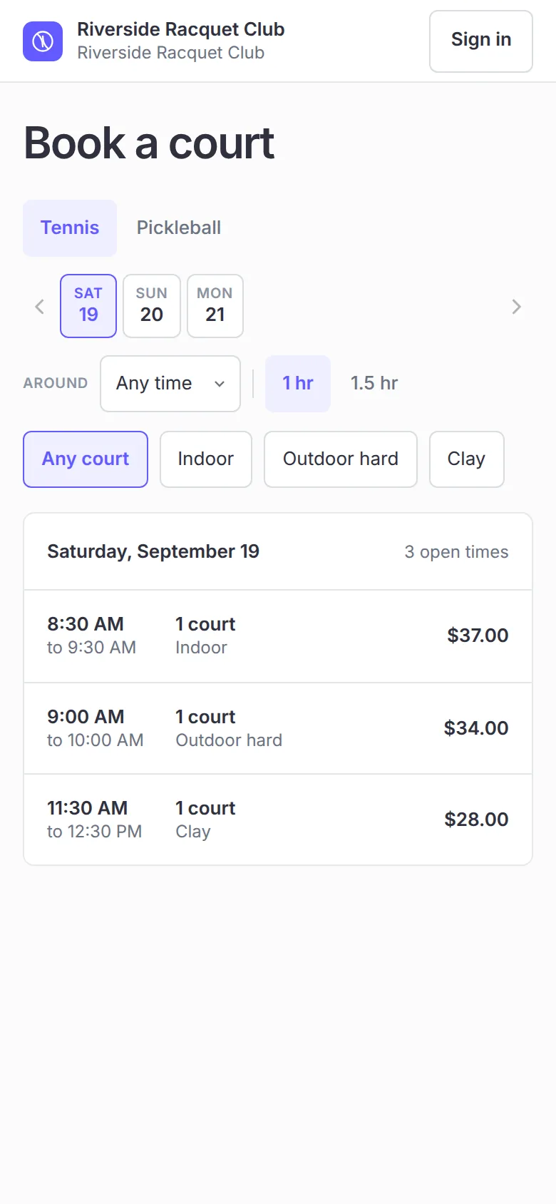 Tennisbook's booking page on a phone, showing open tennis courts on Saturday with times and prices.